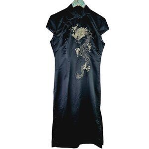 Vintage Y2K Ancient Moods Chinese Cheongsam Qipao Gold Dragon Embroidery Dress